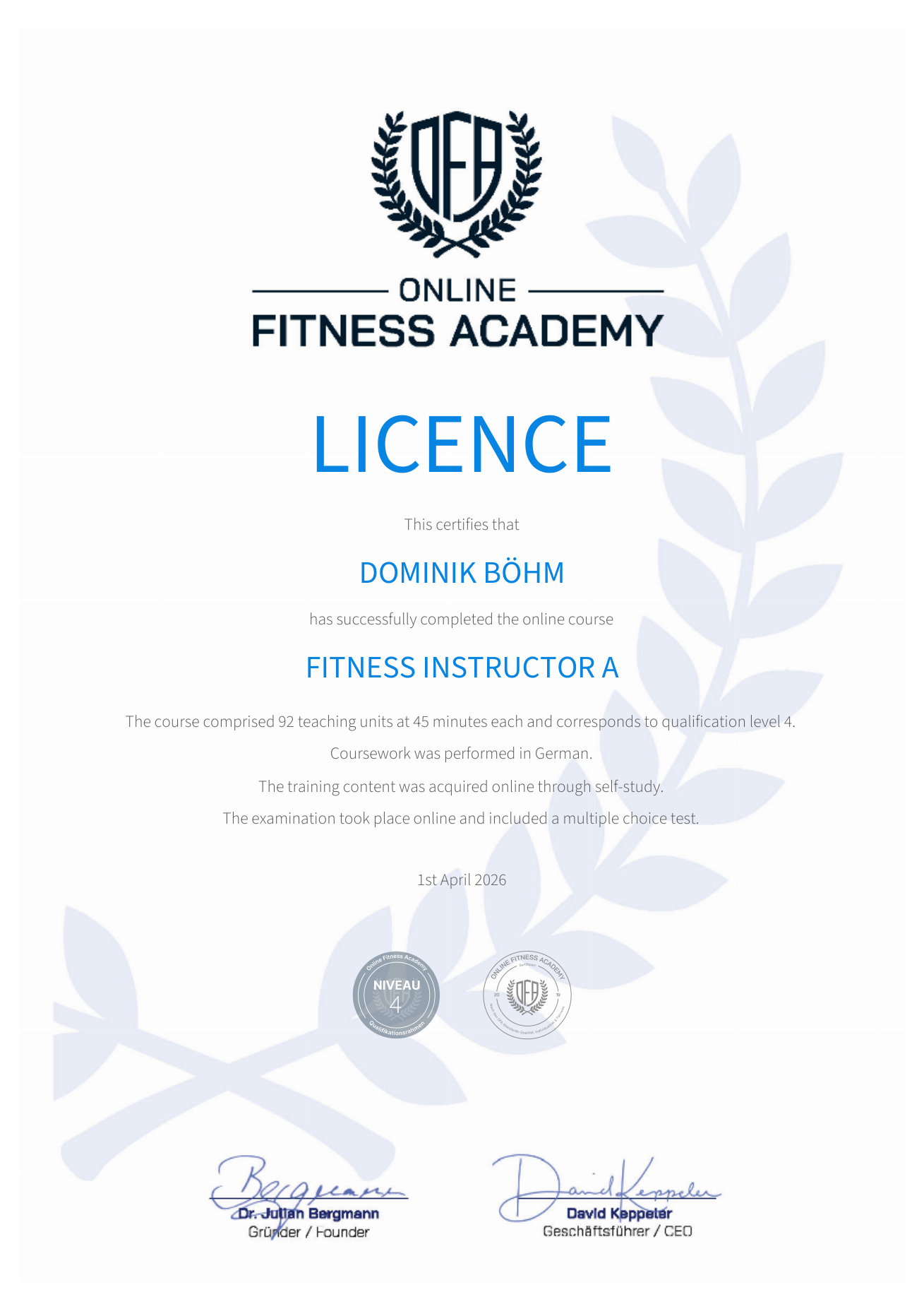 Fitness Instructor A Lizenz – Zertifikat