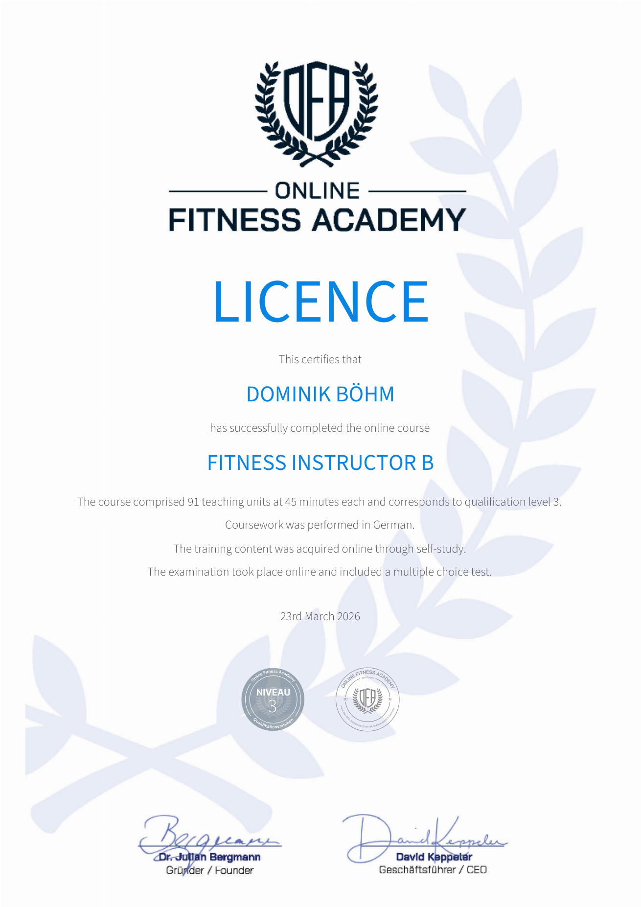 Fitness Instructor B Lizenz – Zertifikat
